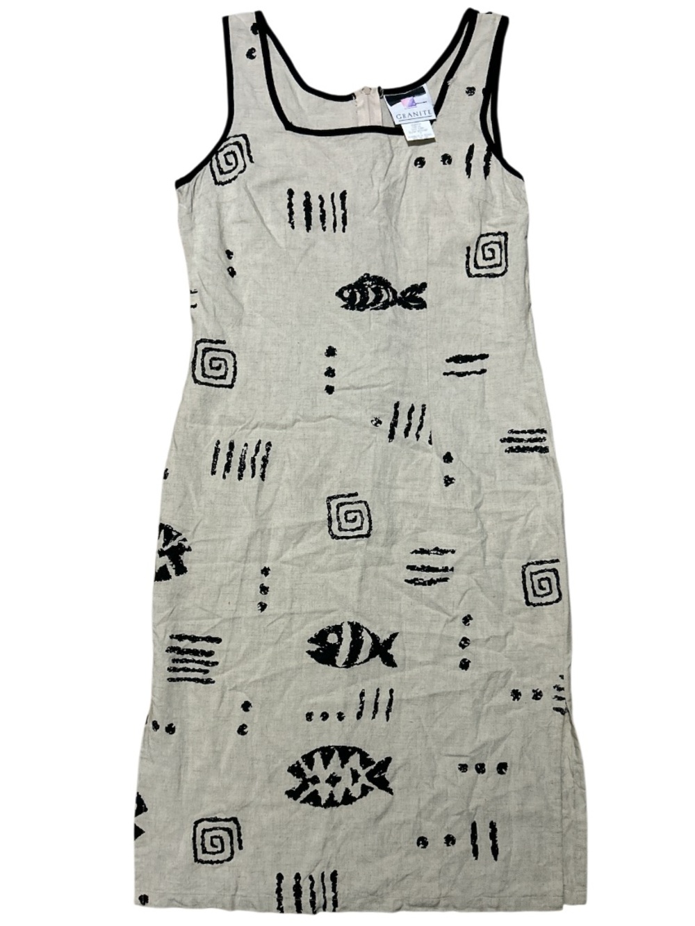 Vintage GRANITE Sleeveless Beige Tank Dress with Black Fish Print Size 9